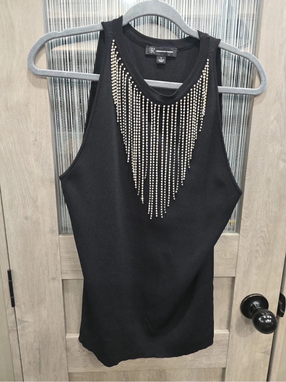 INC International Concepts Black Sleeveless Tank with Gold Beaded Fringe Detail